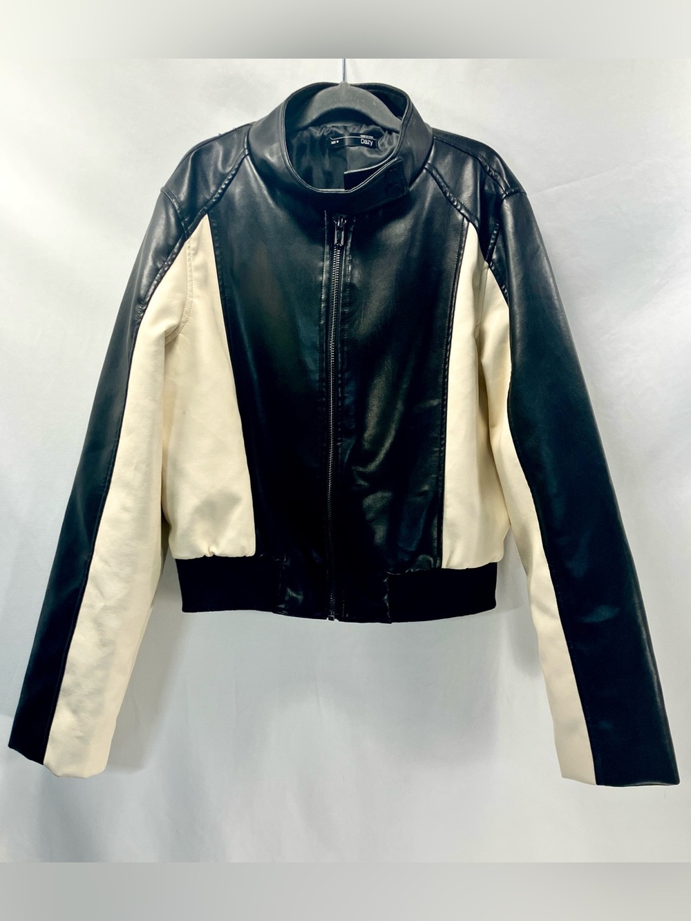 Two-Tone Black and Cream Faux Leather Bomber Jacket